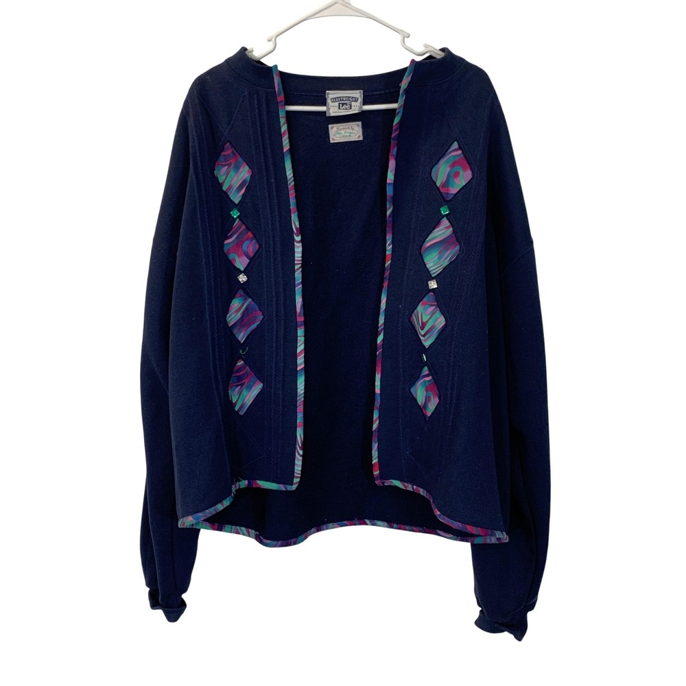 Lee Heavyweight Sweater Cardigan Womens Large Navy Multicolor Applique Handmade